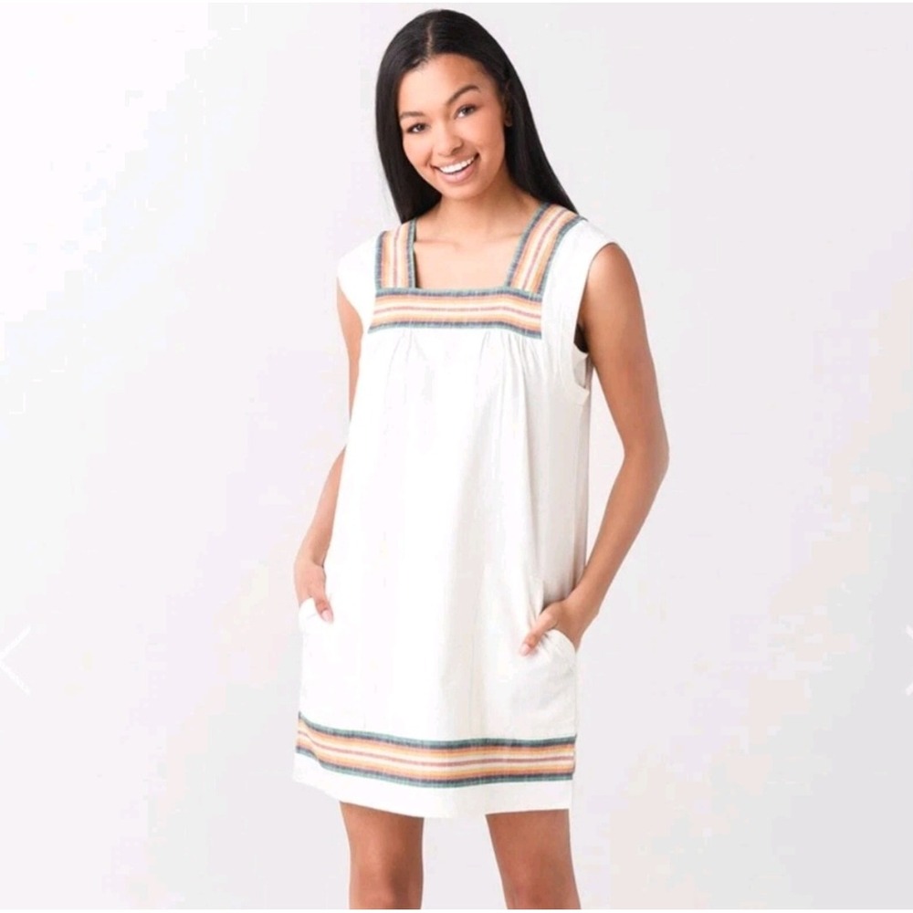 Faherty Organic Cotton Hailee‎ Dress White Apres Soleil Striped Trim Mini Small